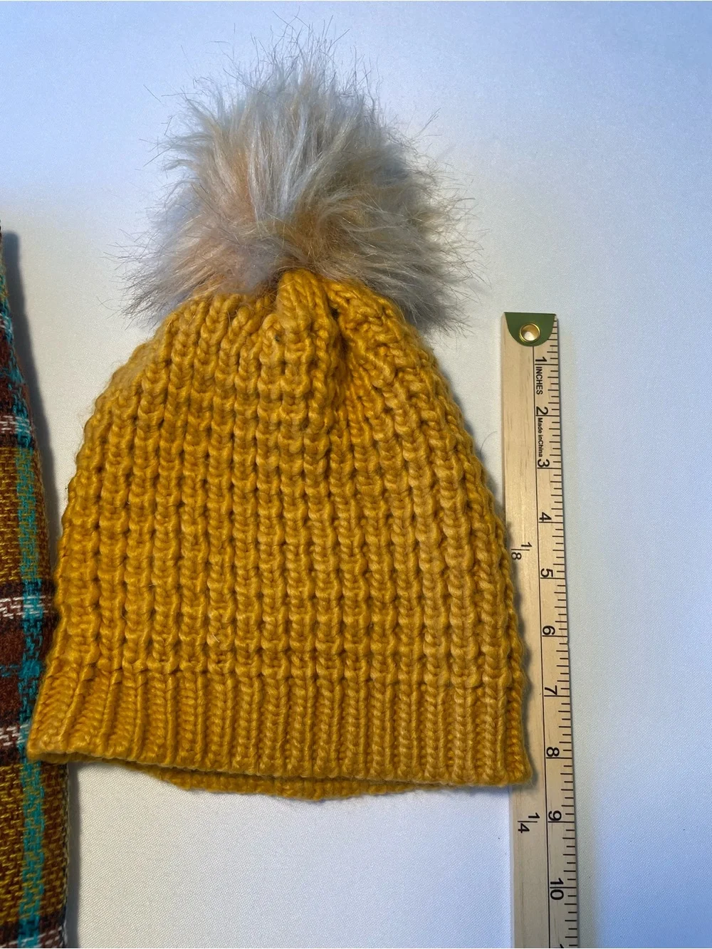 🔥 Mustard Plaid Blanket Scarf + Faux Fur Pom Beanie Set
